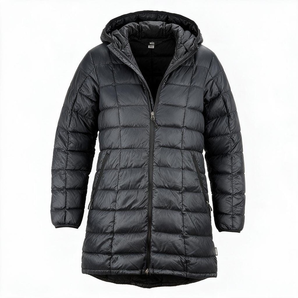 REI Co-op Down Puffer Parka Women Medium Black 650 Down Long Hooded Jacket #3057